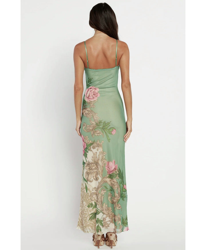 green floral summer maxi dress model back