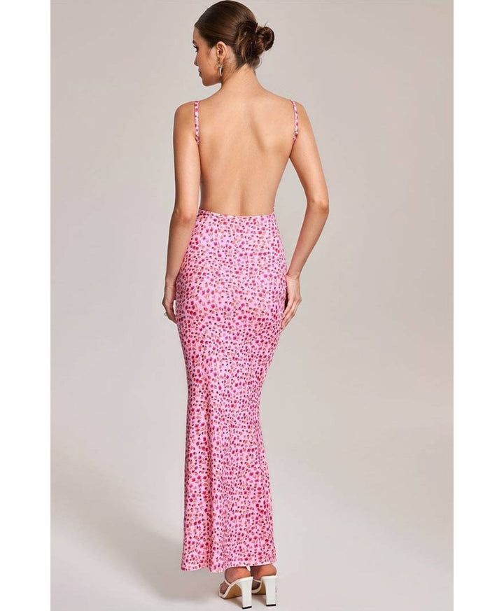 pink floral maxi dress model back