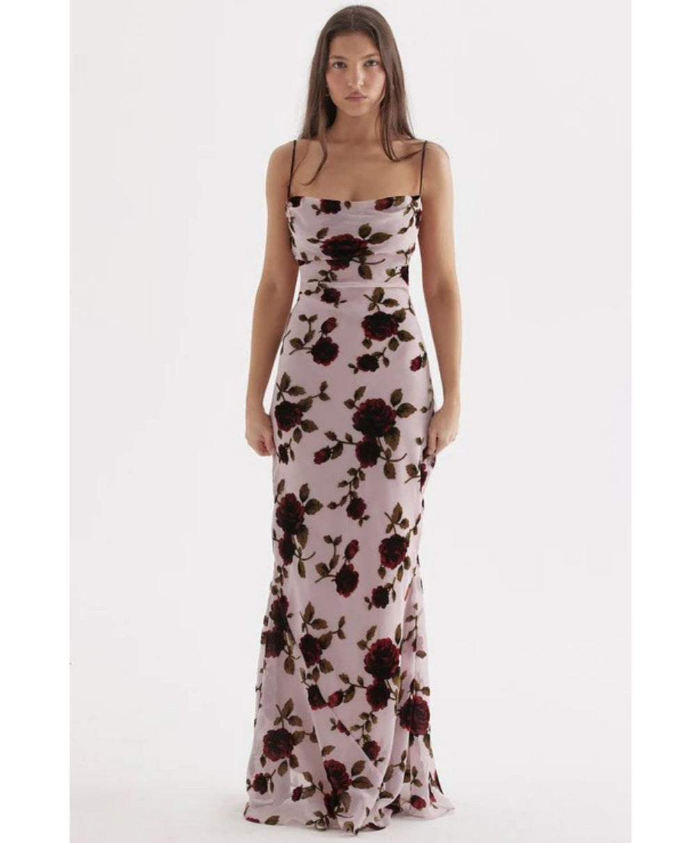 light pink rose maxi dress model