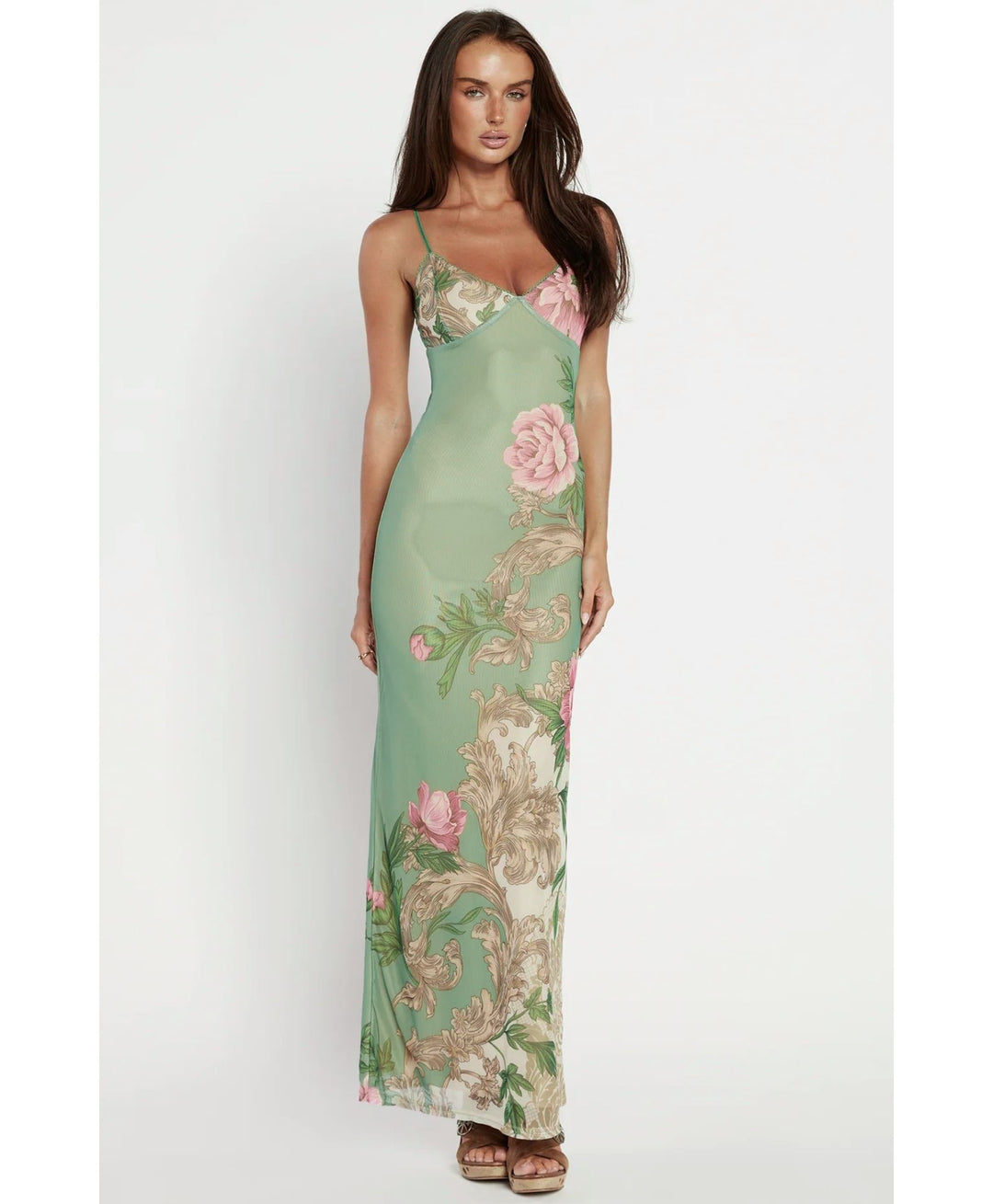 green floral summer maxi dress model