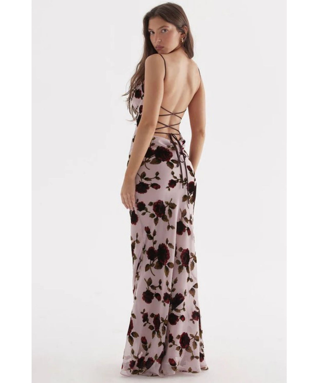 light pink rose maxi dress back model