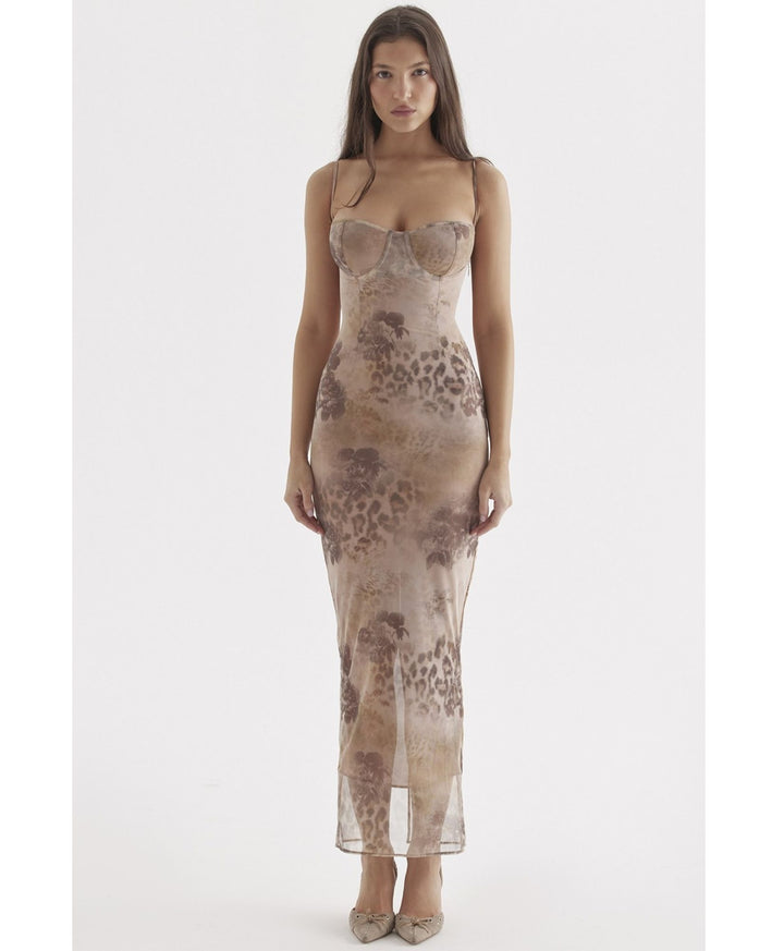 light brown leopard print maxi dress model