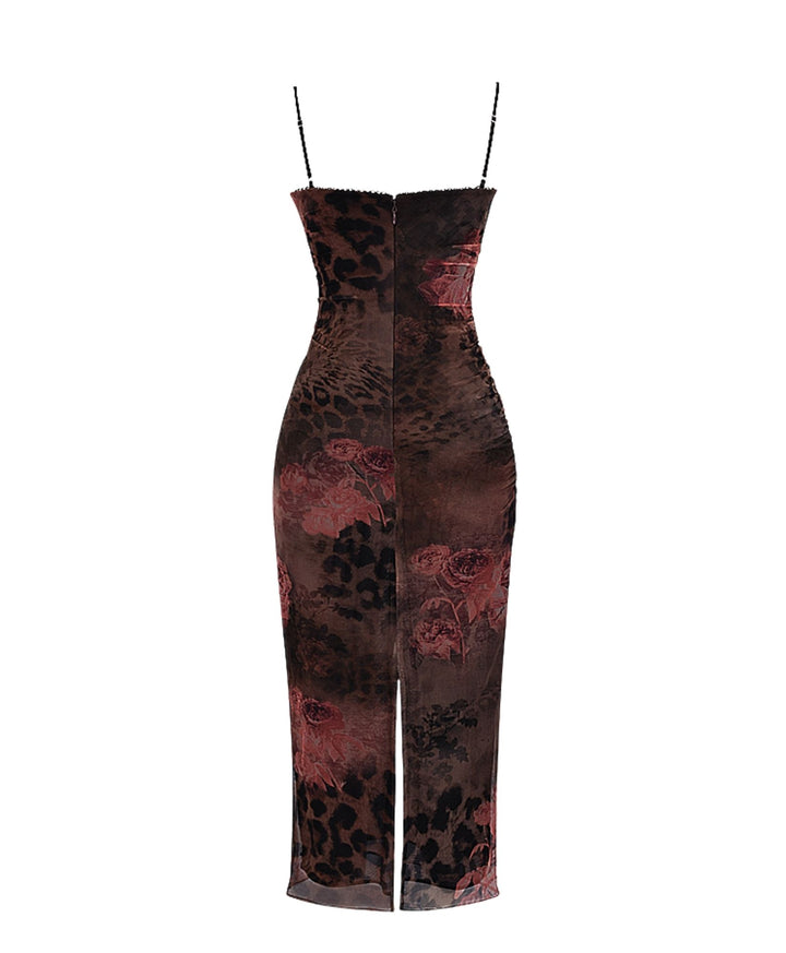 brown rose floral maxi dress back