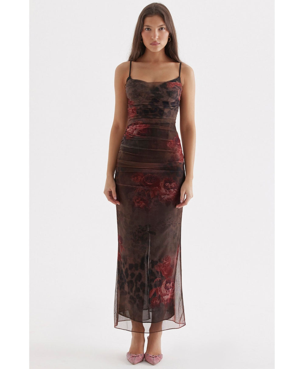 brown rose floral maxi dress model