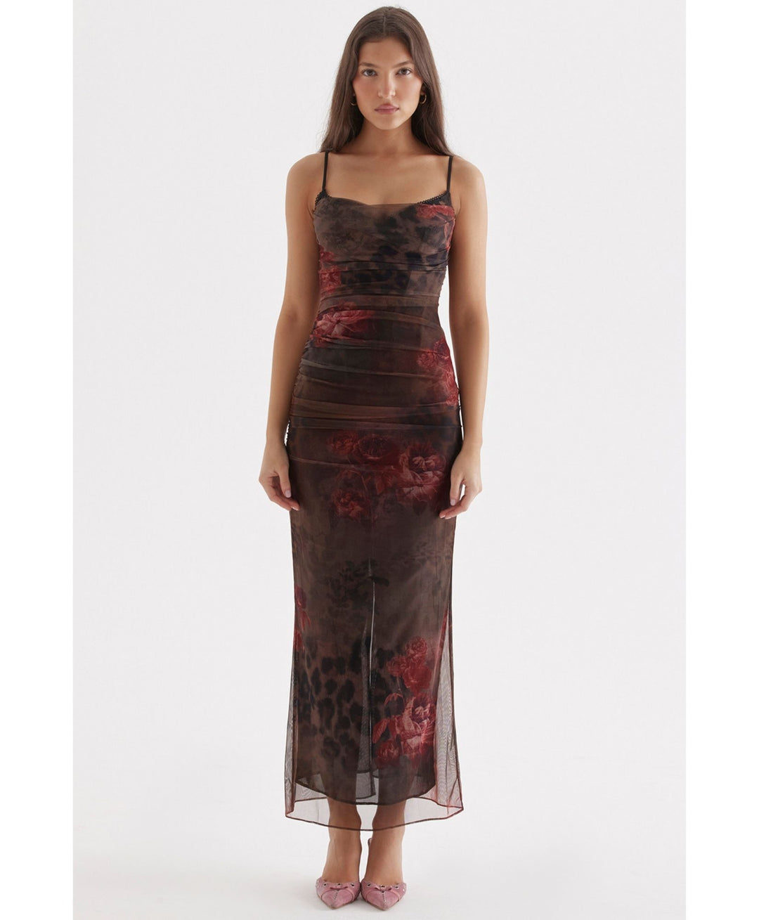 brown rose floral maxi dress model