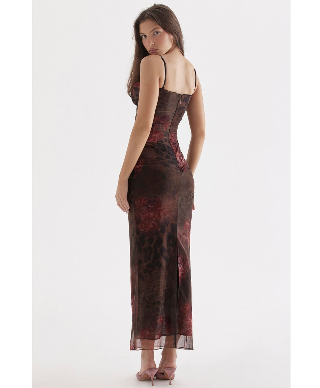 brown rose floral maxi dress back model