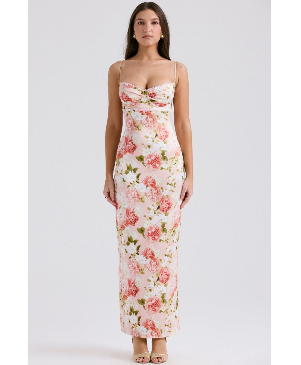 light pink ivory maxi dress model