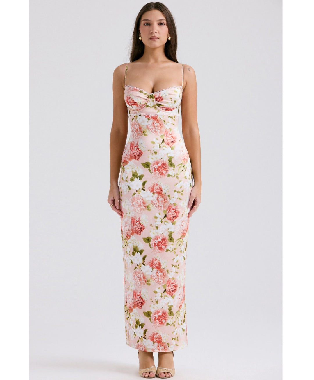 light pink ivory maxi dress model