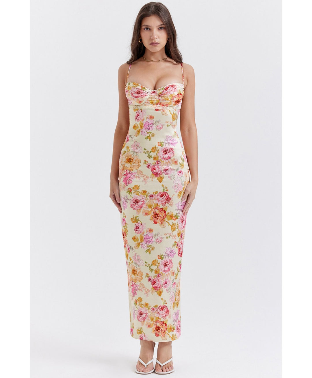 yellow ivory pink rose summer maxi dress model