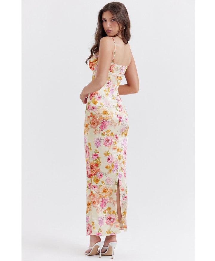 yellow ivory pink rose summer maxi dress model back