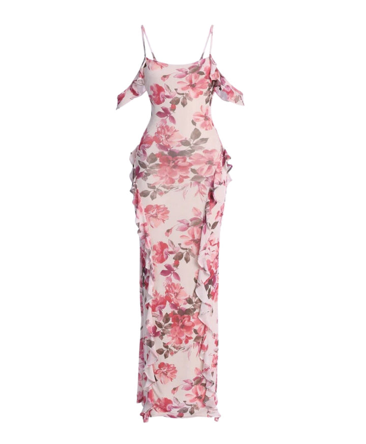 light pink floral frill maxi dress