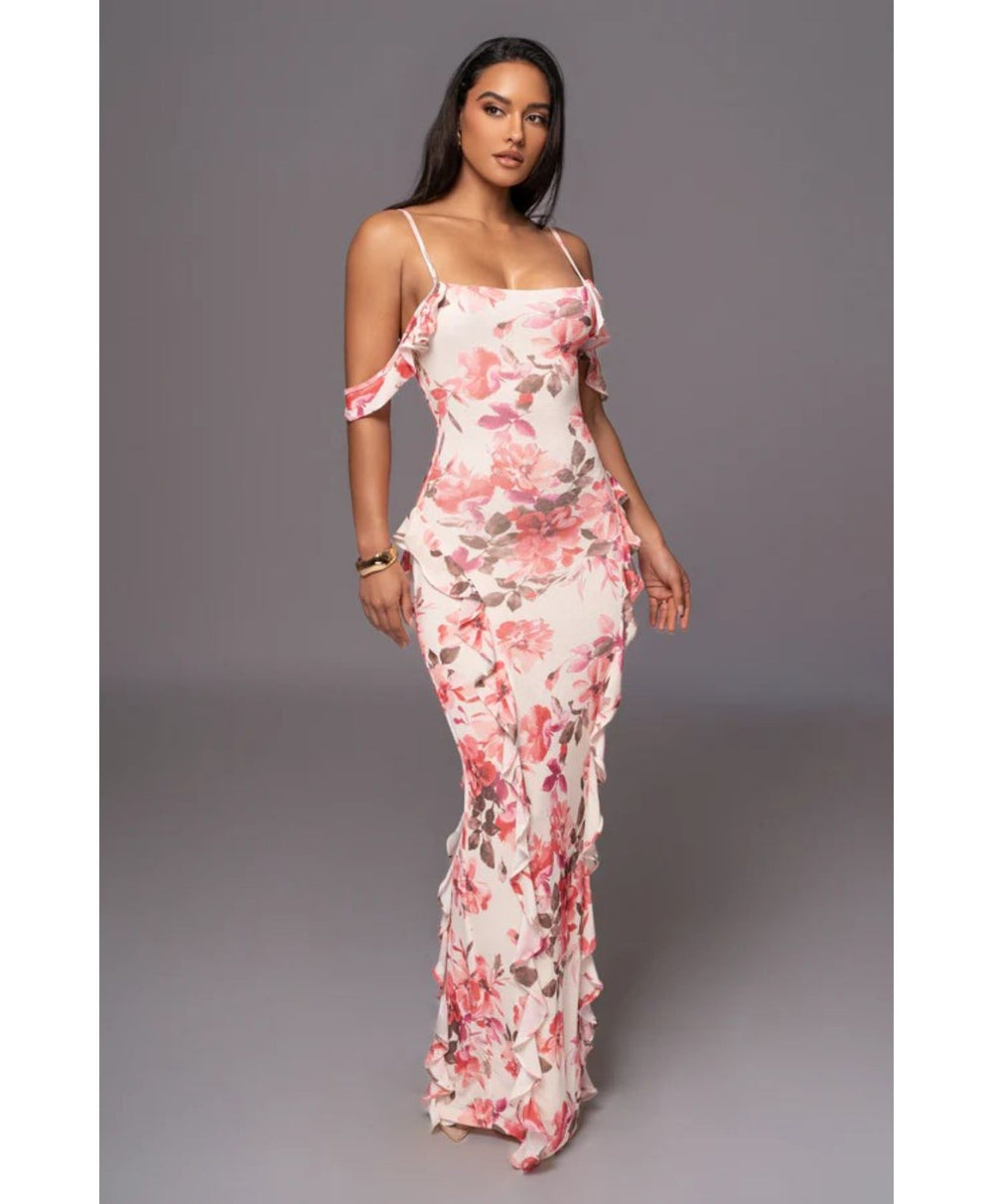 light pink floral frill maxi dress model