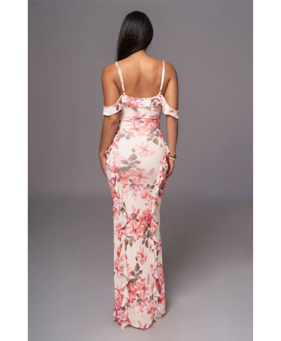 light pink floral frill maxi dress back