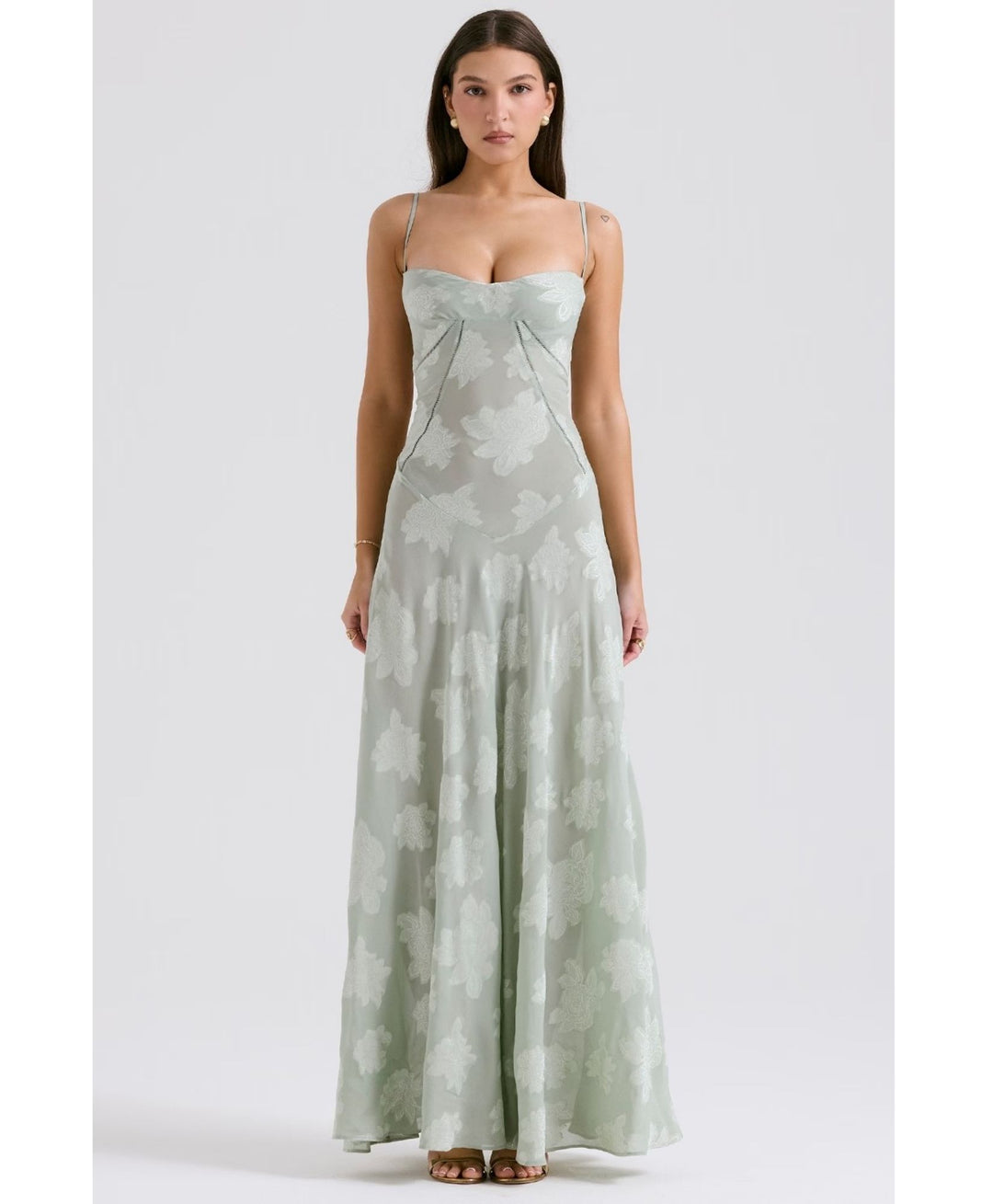 pastel green summer maxi dress model