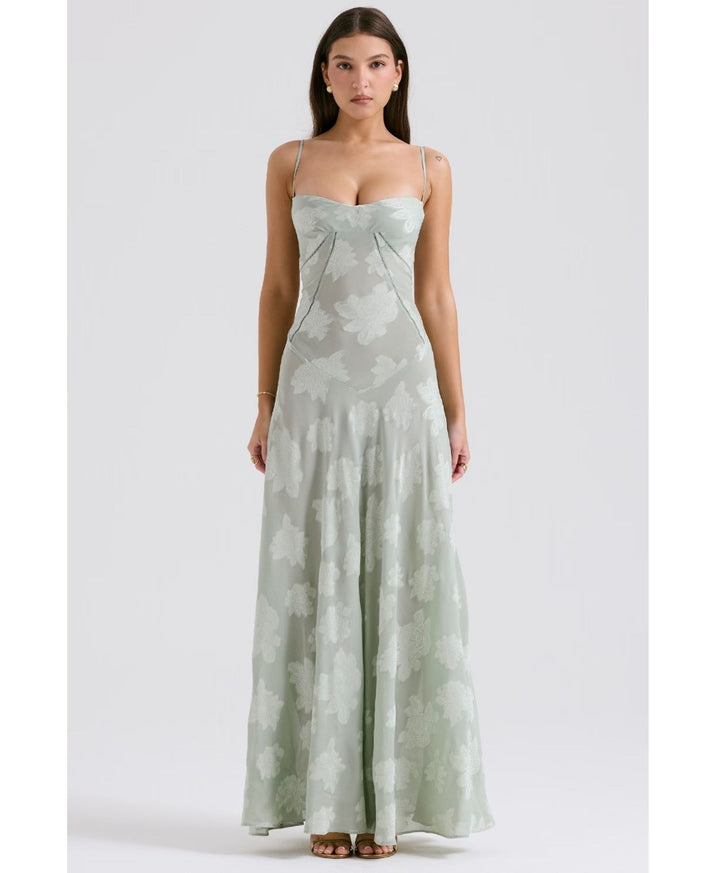 pastel green summer maxi dress model