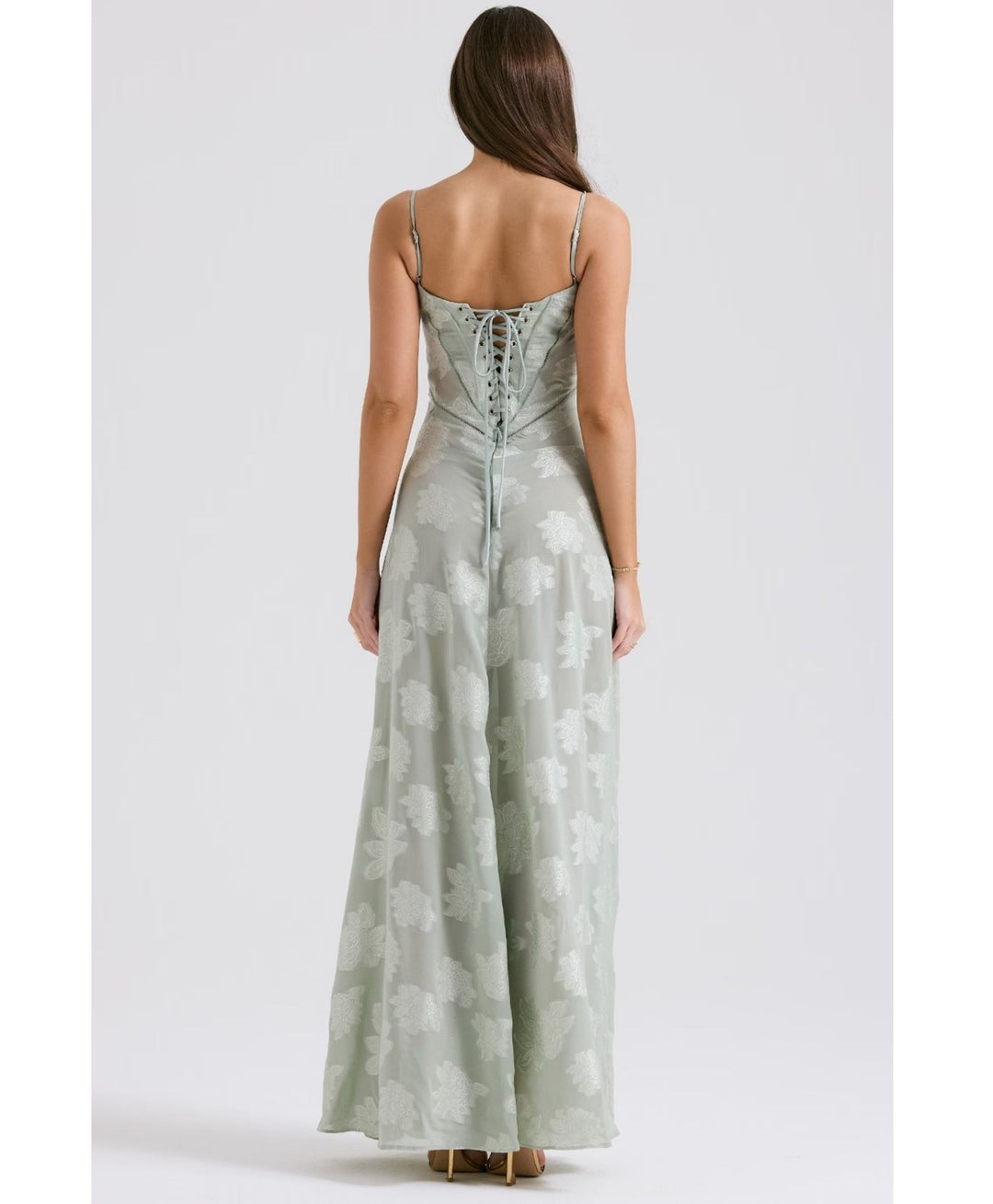 pastel green summer maxi dress model back