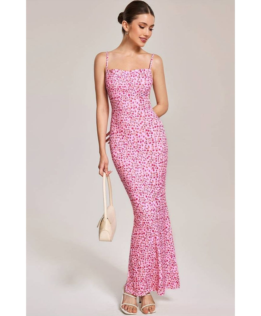 pink floral maxi dress model