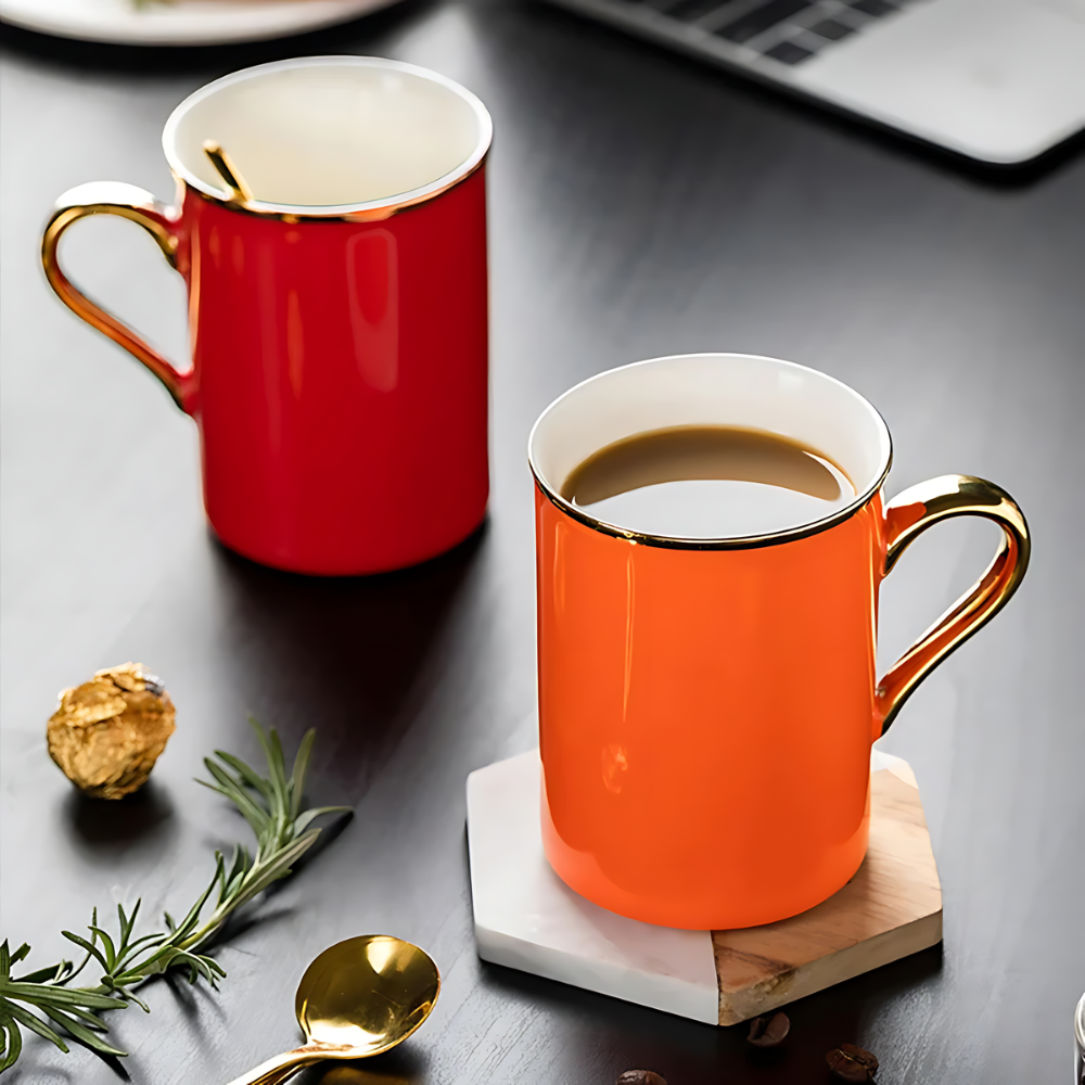 gold trim chinaware mug pair red orange